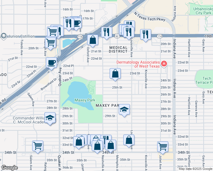 map of restaurants, bars, coffee shops, grocery stores, and more near 3818 25th Street in Lubbock