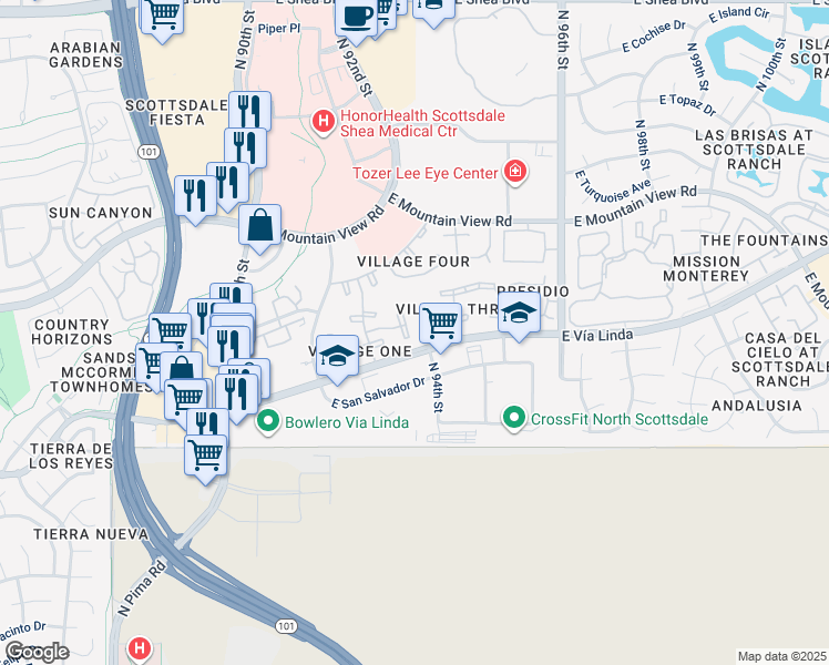 map of restaurants, bars, coffee shops, grocery stores, and more near 9450 North 94th Place in Scottsdale