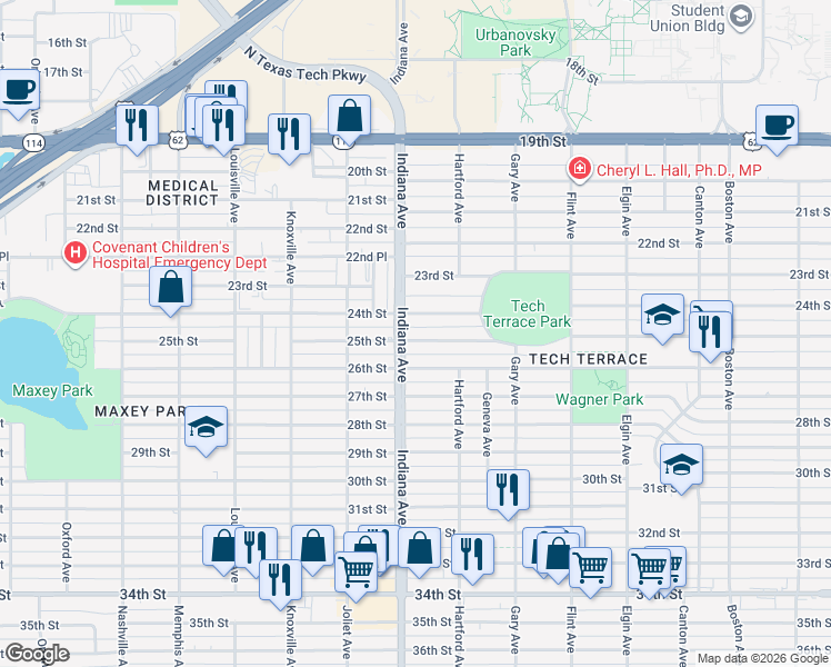 map of restaurants, bars, coffee shops, grocery stores, and more near 3318 25th Street in Lubbock