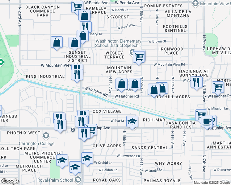 map of restaurants, bars, coffee shops, grocery stores, and more near 1638 West Hatcher Road in Phoenix