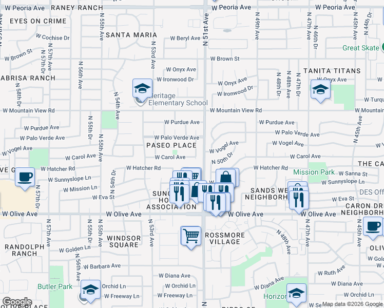 map of restaurants, bars, coffee shops, grocery stores, and more near 5112 West Carol Avenue in Glendale