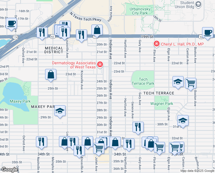 map of restaurants, bars, coffee shops, grocery stores, and more near 3412 25th Street in Lubbock
