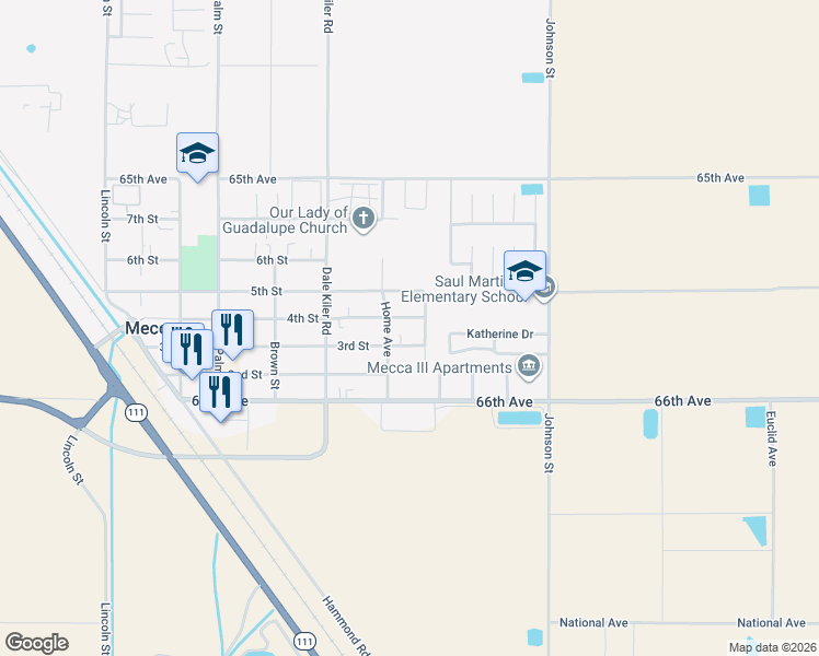 map of restaurants, bars, coffee shops, grocery stores, and more near 91678 3rd Street in Mecca