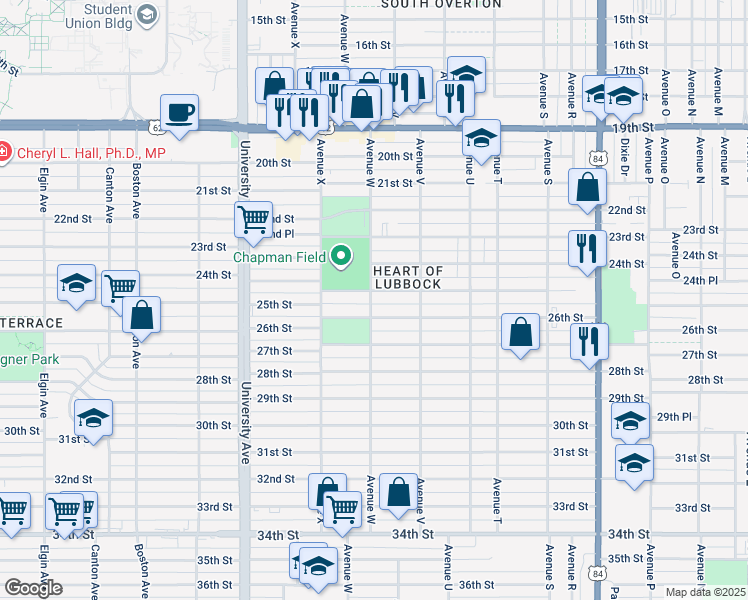 map of restaurants, bars, coffee shops, grocery stores, and more near 2223 25th Street in Lubbock