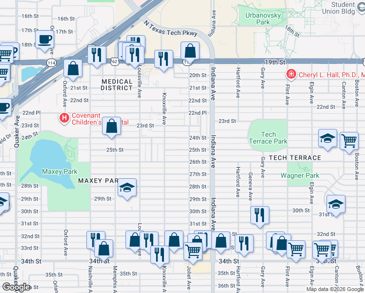 map of restaurants, bars, coffee shops, grocery stores, and more near 3506 25th Street in Lubbock