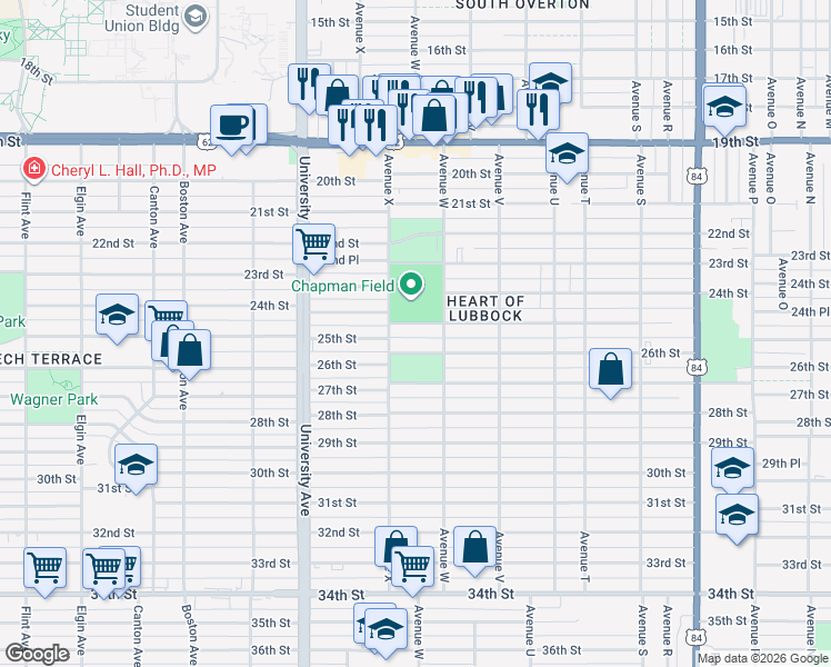 map of restaurants, bars, coffee shops, grocery stores, and more near 2313 25th Street in Lubbock