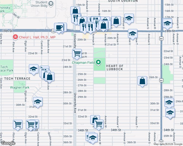 map of restaurants, bars, coffee shops, grocery stores, and more near 2409 25th Street in Lubbock