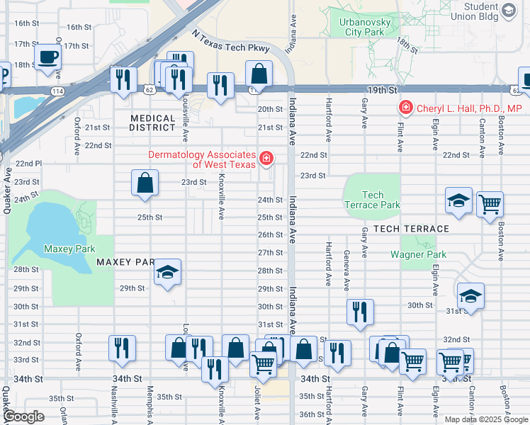 map of restaurants, bars, coffee shops, grocery stores, and more near 3412 25th Street in Lubbock