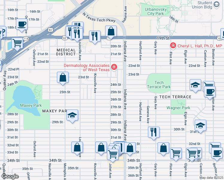 map of restaurants, bars, coffee shops, grocery stores, and more near 3412 25th Street in Lubbock