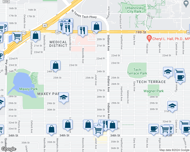 map of restaurants, bars, coffee shops, grocery stores, and more near 3506 25th Street in Lubbock