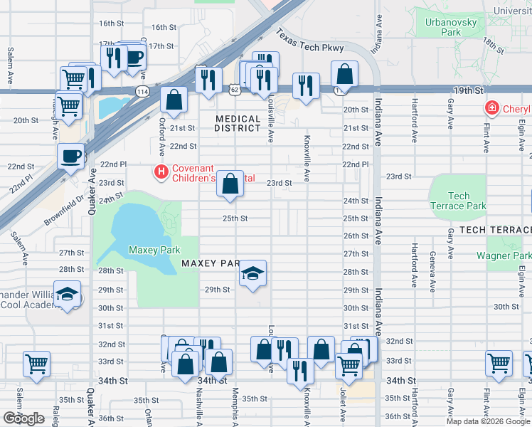 map of restaurants, bars, coffee shops, grocery stores, and more near 3708 25th Street in Lubbock
