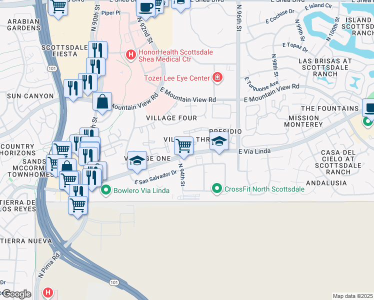 map of restaurants, bars, coffee shops, grocery stores, and more near 9450 North 94th Place in Scottsdale
