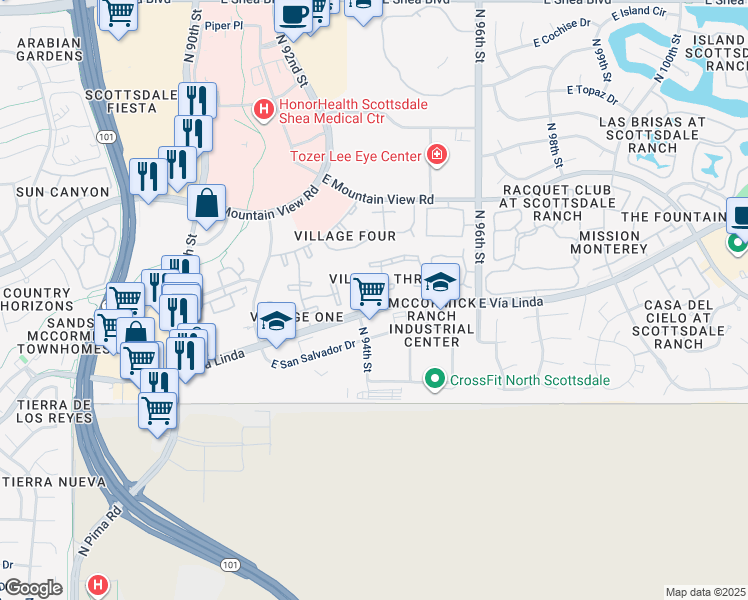 map of restaurants, bars, coffee shops, grocery stores, and more near 9450 North 94th Place in Scottsdale