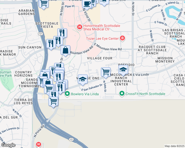 map of restaurants, bars, coffee shops, grocery stores, and more near 9345 North 92nd Street in Scottsdale
