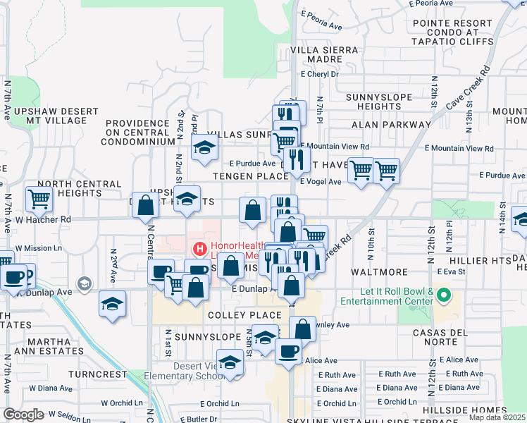 map of restaurants, bars, coffee shops, grocery stores, and more near 518 East Hatcher Road in Phoenix