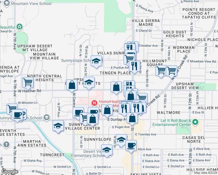 map of restaurants, bars, coffee shops, grocery stores, and more near 334 East Hatcher Road in Phoenix
