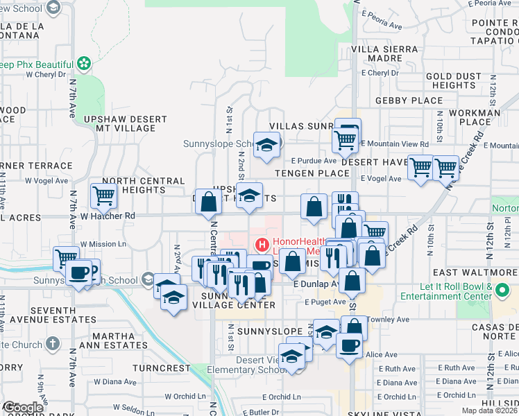 map of restaurants, bars, coffee shops, grocery stores, and more near 204 East Hatcher Road in Phoenix