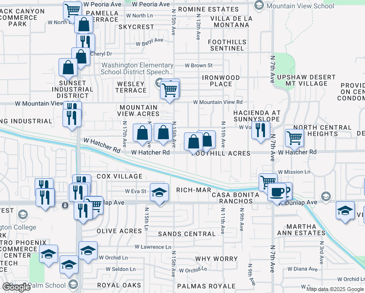 map of restaurants, bars, coffee shops, grocery stores, and more near 1450 West Hatcher Road in Phoenix