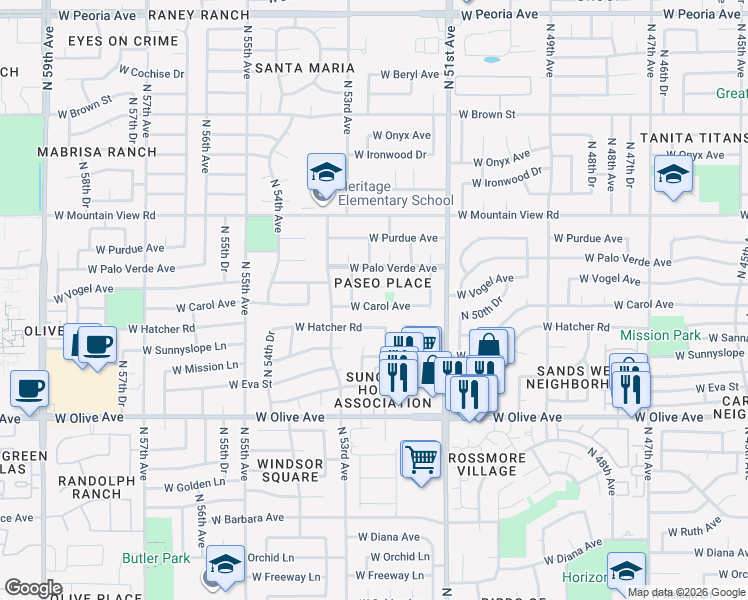 map of restaurants, bars, coffee shops, grocery stores, and more near 5205 West Carol Avenue in Glendale