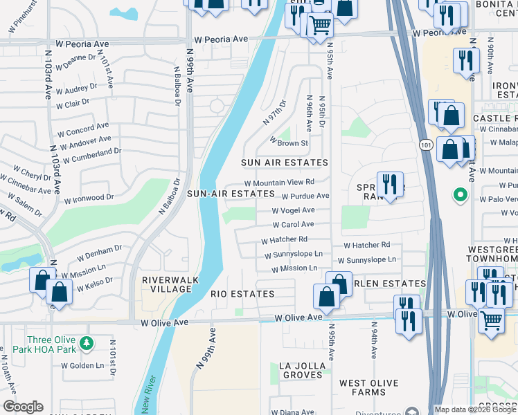 map of restaurants, bars, coffee shops, grocery stores, and more near 9600 North 97th Avenue in Peoria