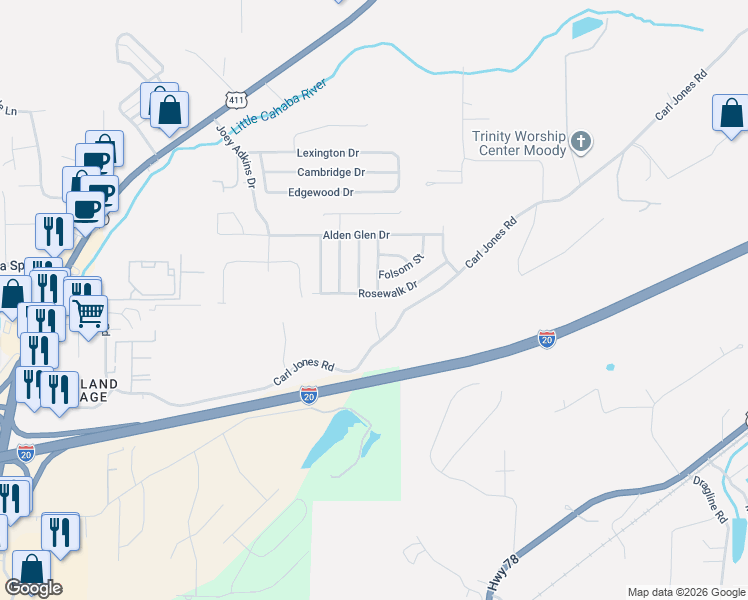 map of restaurants, bars, coffee shops, grocery stores, and more near 3072 Rosewalk Drive in Moody