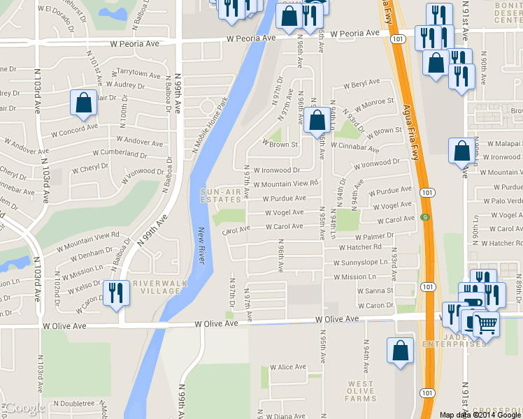 map of restaurants, bars, coffee shops, grocery stores, and more near 9662 West Vogel Avenue in Peoria