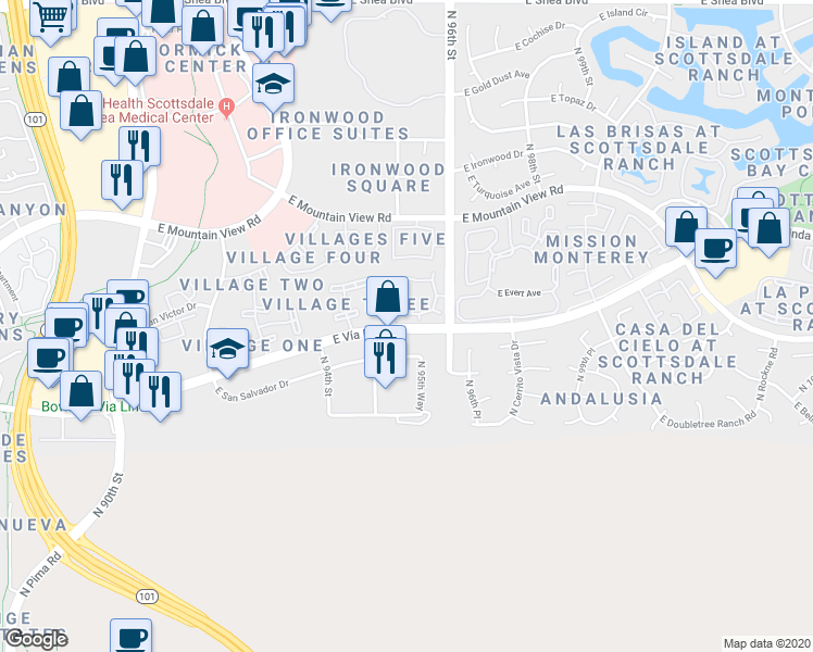map of restaurants, bars, coffee shops, grocery stores, and more near 9522 East Vía Linda in Scottsdale