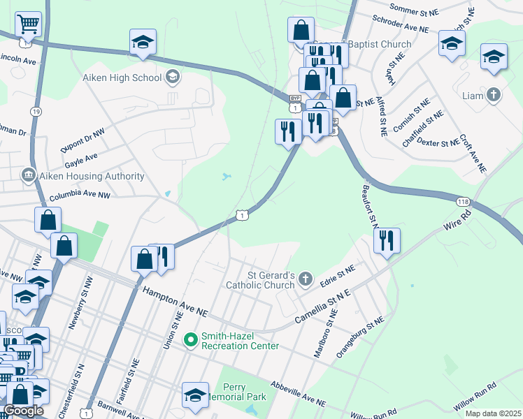 map of restaurants, bars, coffee shops, grocery stores, and more near 806 York Street Northeast in Aiken