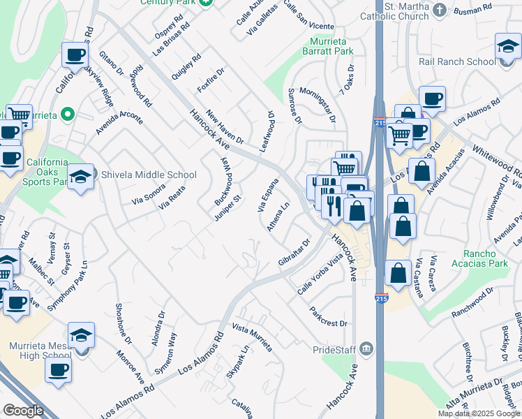 map of restaurants, bars, coffee shops, grocery stores, and more near Via Espana in Murrieta