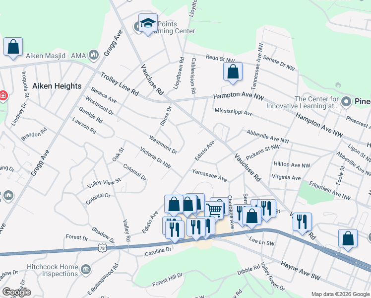 map of restaurants, bars, coffee shops, grocery stores, and more near 3115 Westmont Drive in Aiken
