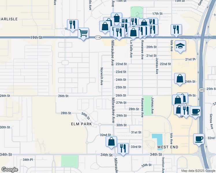 map of restaurants, bars, coffee shops, grocery stores, and more near 6506 25th Street in Lubbock