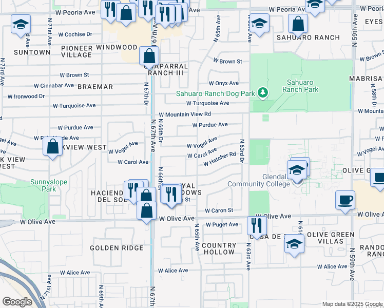 map of restaurants, bars, coffee shops, grocery stores, and more near 6506 West Carol Avenue in Glendale