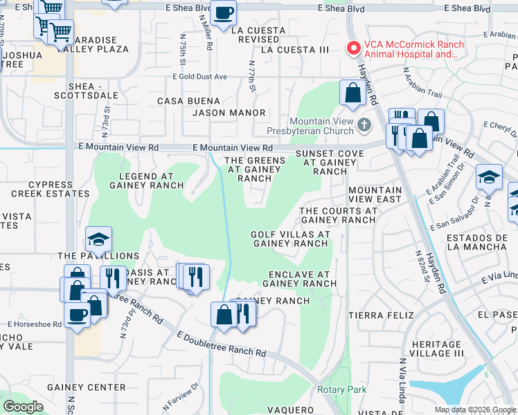map of restaurants, bars, coffee shops, grocery stores, and more near 7525 East Gainey Ranch Road in Scottsdale