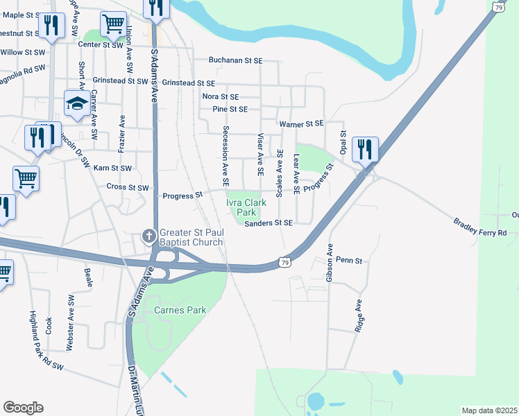map of restaurants, bars, coffee shops, grocery stores, and more near 352 Sanders Street Southeast in Camden