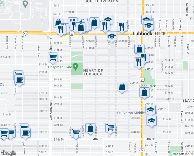 map of restaurants, bars, coffee shops, grocery stores, and more near 2123 25th Street in Lubbock