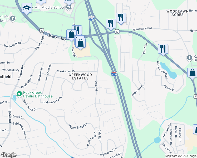 map of restaurants, bars, coffee shops, grocery stores, and more near 3452 Harper Lane in Rex