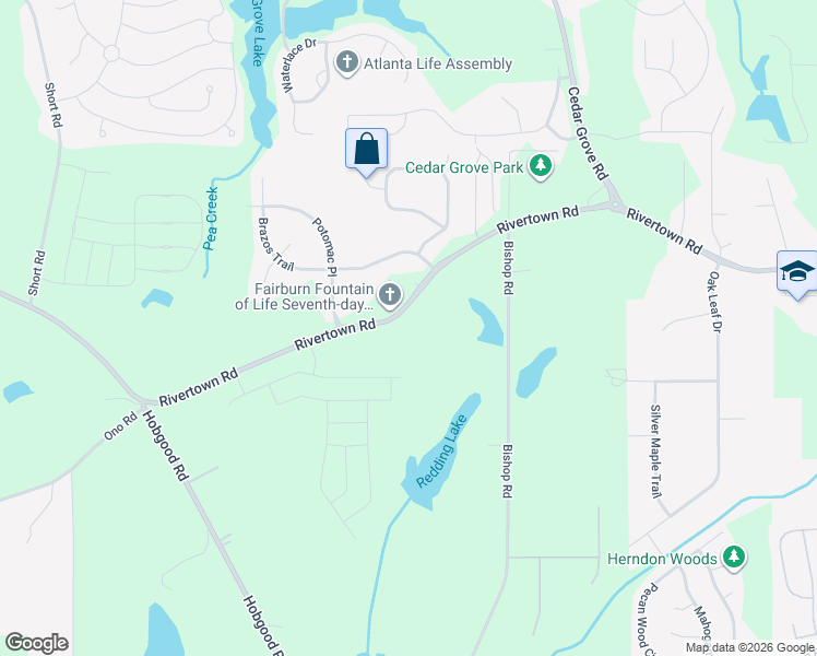 map of restaurants, bars, coffee shops, grocery stores, and more near 7650 Rivertown Road in Fairburn