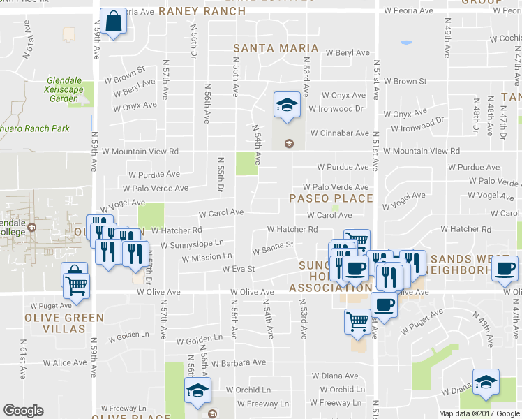 map of restaurants, bars, coffee shops, grocery stores, and more near 5336 West Carol Avenue in Glendale