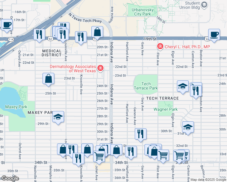 map of restaurants, bars, coffee shops, grocery stores, and more near 3318 25th Street in Lubbock