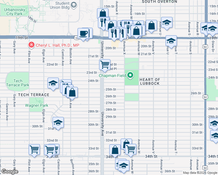 map of restaurants, bars, coffee shops, grocery stores, and more near 2428 25th Street in Lubbock