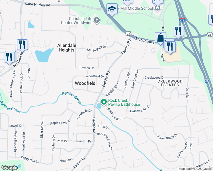 map of restaurants, bars, coffee shops, grocery stores, and more near 6698 Fielder Road in Rex