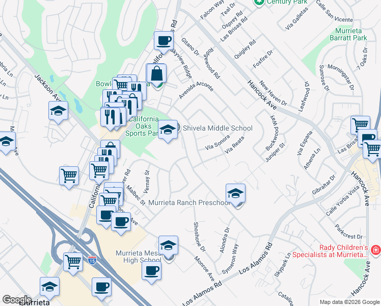 map of restaurants, bars, coffee shops, grocery stores, and more near 24604 Lincoln Avenue in Murrieta