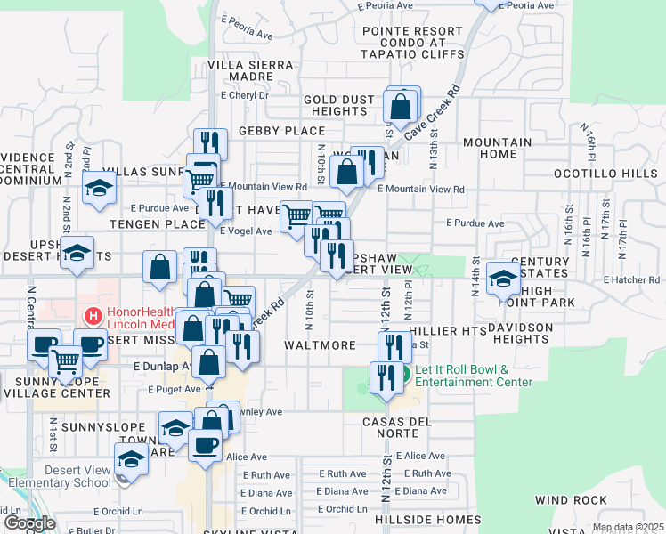 map of restaurants, bars, coffee shops, grocery stores, and more near 9413 North Cave Creek Road in Phoenix