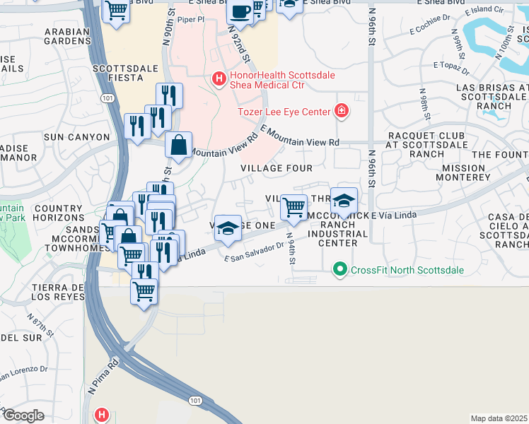 map of restaurants, bars, coffee shops, grocery stores, and more near 9345 North 92nd Street in Scottsdale