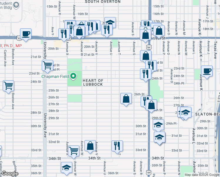 map of restaurants, bars, coffee shops, grocery stores, and more near 2103 25th Street in Lubbock
