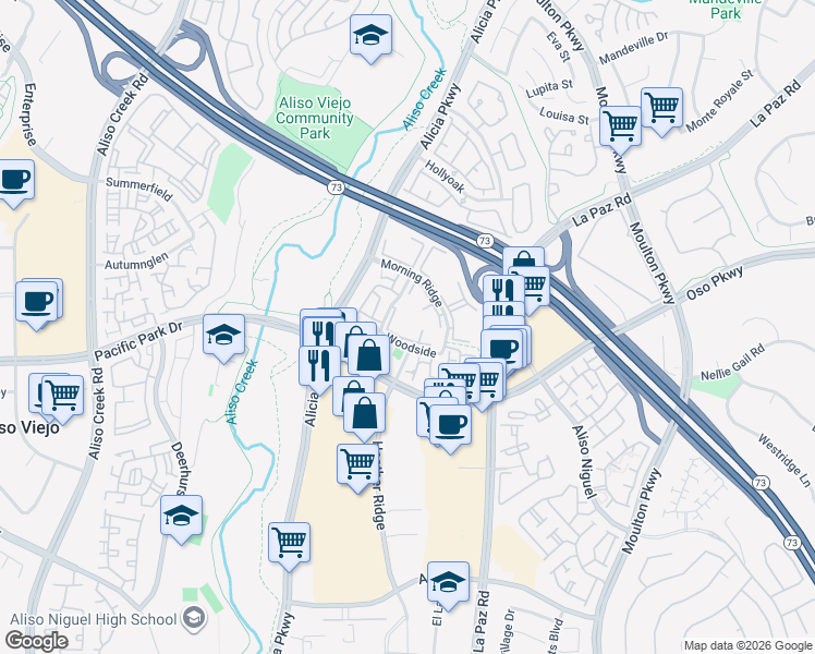 map of restaurants, bars, coffee shops, grocery stores, and more near 97 Dogwood Lane in Aliso Viejo