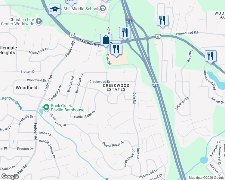 map of restaurants, bars, coffee shops, grocery stores, and more near 6698 Doublegate Lane in Rex