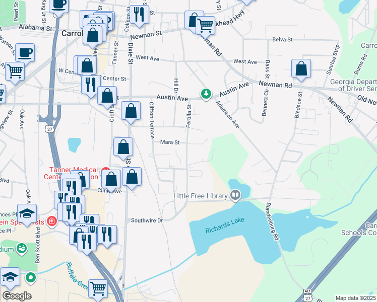 map of restaurants, bars, coffee shops, grocery stores, and more near 623 Fertilla Street in Carrollton