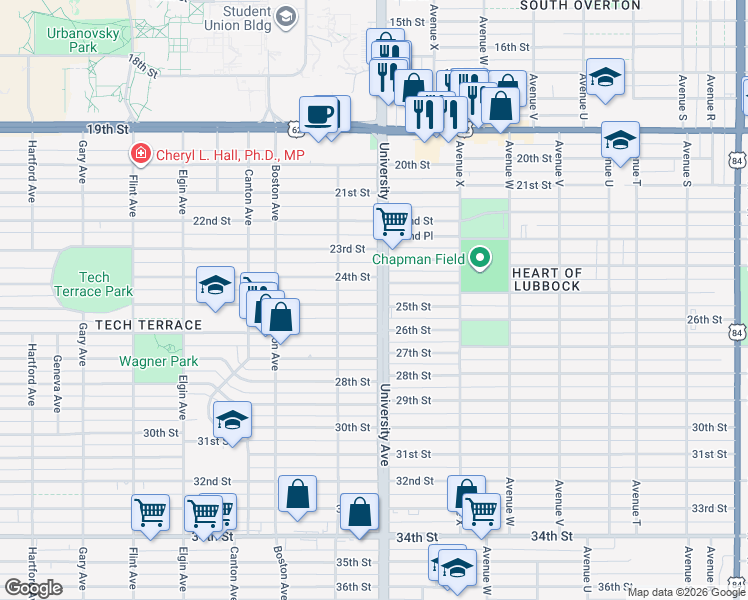 map of restaurants, bars, coffee shops, grocery stores, and more near 2505 25th Street in Lubbock