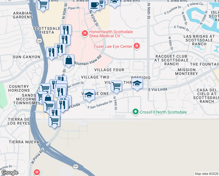 map of restaurants, bars, coffee shops, grocery stores, and more near 9450 North 94th Place in Scottsdale